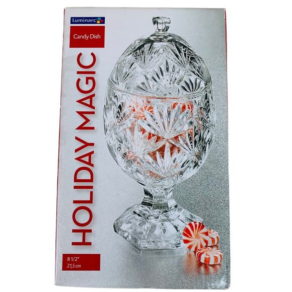 Luminarc USA Holiday Magic Crystal Candy Dish Octagon Pedestal Lid Trinket VTG - Picture 14 of 16